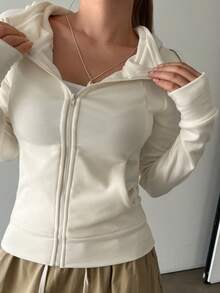 DAZY Women Solid Color Hoodie Jacket With Pockets, Long Sleeve,Long Sleeve Tops,Fall Clothes Sweatshirt Jacket Zip Up - White - View 3