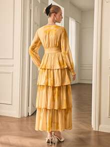 Chiquease Đầm xòe xếp tầng cổ chữ V tay dài bằng vải voan họa tiết cọ thanh lịch/In ngẫu nhiên - Màu vàng - Xem 2