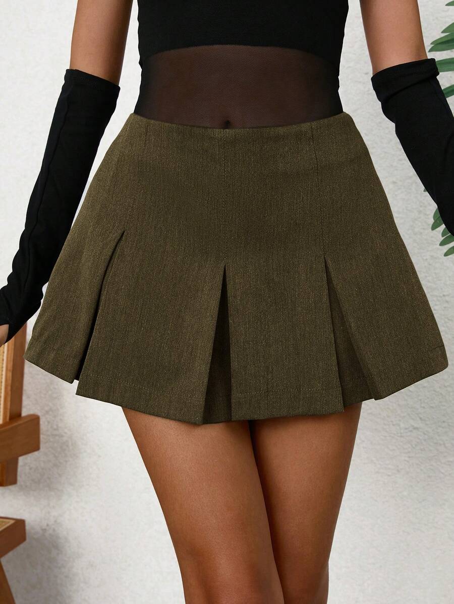 EMERY ROSE Women's Solid Color Pleated A-Line Skirt, Casual & Versatile - Army Green - View 1