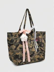 ROMWE Goth Women's Vintage Holiday Style Mesh Black Tote Bag With Ruffle Trim And Bowknot, Large Capacity - camouflage - View 3