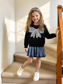 Girls Casual Fashion Daily School Style Round Neck Long Sleeve Loose 3D Pearl Sequin Bow Sweatshirt + High Waist Pleated Denim Mini Skirt 2Pcs Outfit, Back To School Clothes, All Season - Black - View 3