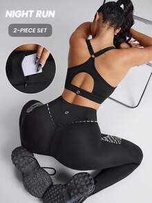 Innovista Conjunto deportivo de mujer con estampado animal clásico, top corto y leggings, de estilo reflectante y que brilla en la oscuridad, para correr de noche, entrenamiento, actividades al aire libre, ejercicio, ciclismo y uso diario. Diseño ligero, transpirable y funcional con detalles de malla y aberturas, ideal para entrenamientos, cardio y actividades en el gimnasio o al aire libre. - Negro - Ver 10