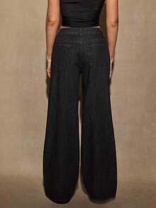 SHEIN BAE 女式优雅水钻装饰口袋牛仔裤 - 黑色 - 查看 2