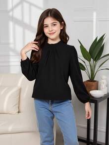 Tween Girl Solid Color Frill Trim Long Sleeve Loose Blouse - Black - View 5