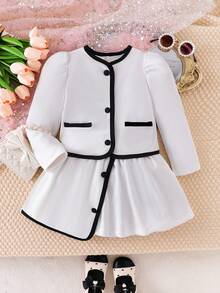 SHEIN Elladie kids 两件套少女时尚白色纽扣黑色长袖假口袋外套，搭配舒适的秋冬两合一半裙套装 - 白色 - 查看 3