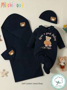 SHEIN Baby Boy Bear & Slogan Graphic Jumpsuit & Hat & Bib & Shawl - Multicolor - View 4