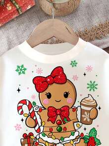 SHEIN 圣诞节可爱卡通姜饼人、雪花、铃铛、拐杖糖印花柔软厚实圆领长袖卫衣和打底裤套装，适合秋冬季女婴 - 彩色 - 查看 4
