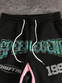 ROMWE MEN Street Life Conjunto de sudadera con capucha y pantalones deportivos holgados con estampado de eslogan y coche de carreras para hombre, ropa urbana - Negro - Ver 4