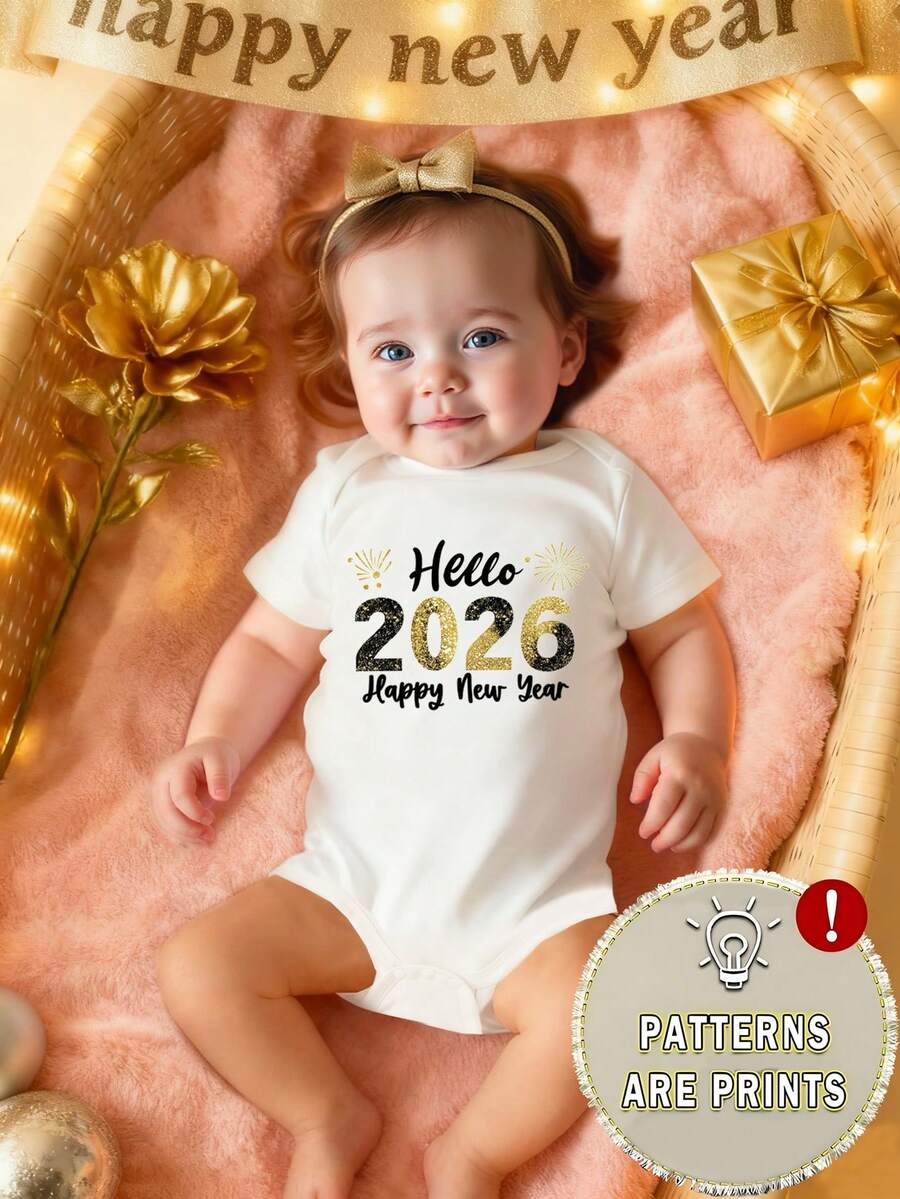 女婴时尚简约2026新年标语黑金字母印花白色短袖连体衣,适合新年宝宝穿着,新年服装,婴儿连体衣,中性婴儿服装 - 白色 - 查看 1