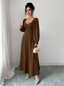 Elenzga Robe longue élégante pour femmes avec encolure carrée, manches bouffantes et taille cintrée. Convient pour les déplacements quotidiens - Marron fonçé - Voir 7