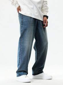 Manfinity Hypemode 寬鬆版型男士直筒牛仔褲 - 中等水洗藍 - 查看 4