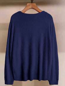 SHEIN LUNE Suéter de cuello en V de unicolor con forro térmico, talla grande, otoño/invierno - azul real - Ver 2