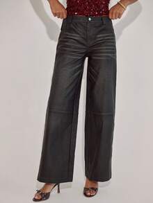 SHEIN BAE Quần ống đứng túi thời trang đường phố dành cho nữ - màu đen - Xem 3