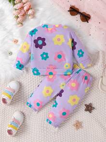 SHEIN Baby GirlCute Kawaii Purple Base Colorful Floral Pattern Print Warm & Comfortable Round Neck Sweatshirt And Pants Set, Suitable For Autumn/Winter - Multicolor - View 2