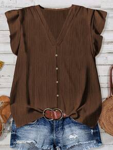 Rusticease 女士纯色盖袖休闲衬衫，适合夏季 - 棕色 - 查看 6