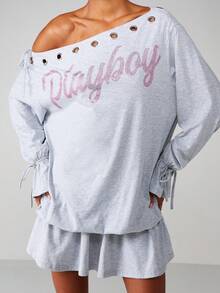 Missguided x Playboy Vestido mini con hombros descubiertos y mangas largas con detalles de puño con lazo y estampado de rhinestones - Gris - Ver 4