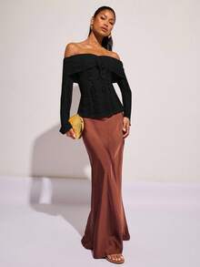 COSMINA 女士优雅蕾丝露肩衬衫，适合春夏季度假 - 黑色 - 查看 5