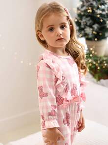 SHEIN Set de 2 piezas Mono con volantes y estampado floral + Mono vestido con decoración de lazo lindo para bebé niña, conjunto combinado - Multicolor - Ver 5