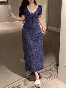 DAZY Floral Contrast Lace Trim Waist Maxi Nightgown For Women - Navy Blue - View 5