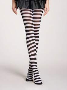 ROMWE Grunge Punk 1pc Asymmetric Sexy Stockings/Pantyhose/Leggings For Women - Black White - View 3
