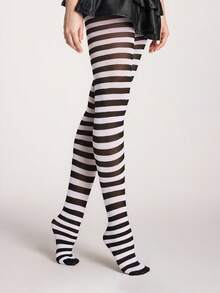 ROMWE Grunge Punk 1pc Asymmetric Sexy Stockings/Pantyhose/Leggings For Women - Black White - View 4