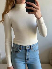 Maglietta a collo alto aderente di colore unito, casual e versatile, adatta a ragazze pre-adolescenti, per autunno, primavera ed estate, maglietta bianca per ragazze per uso domestico e tempo libero - Bianco - Visualizzare 7