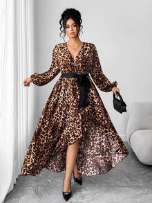 Cravure Plus Size Women Sexy Waist Belt Leopard Print High Slit Ruffle Hem Long Sleeve Dress - Khaki - View 2