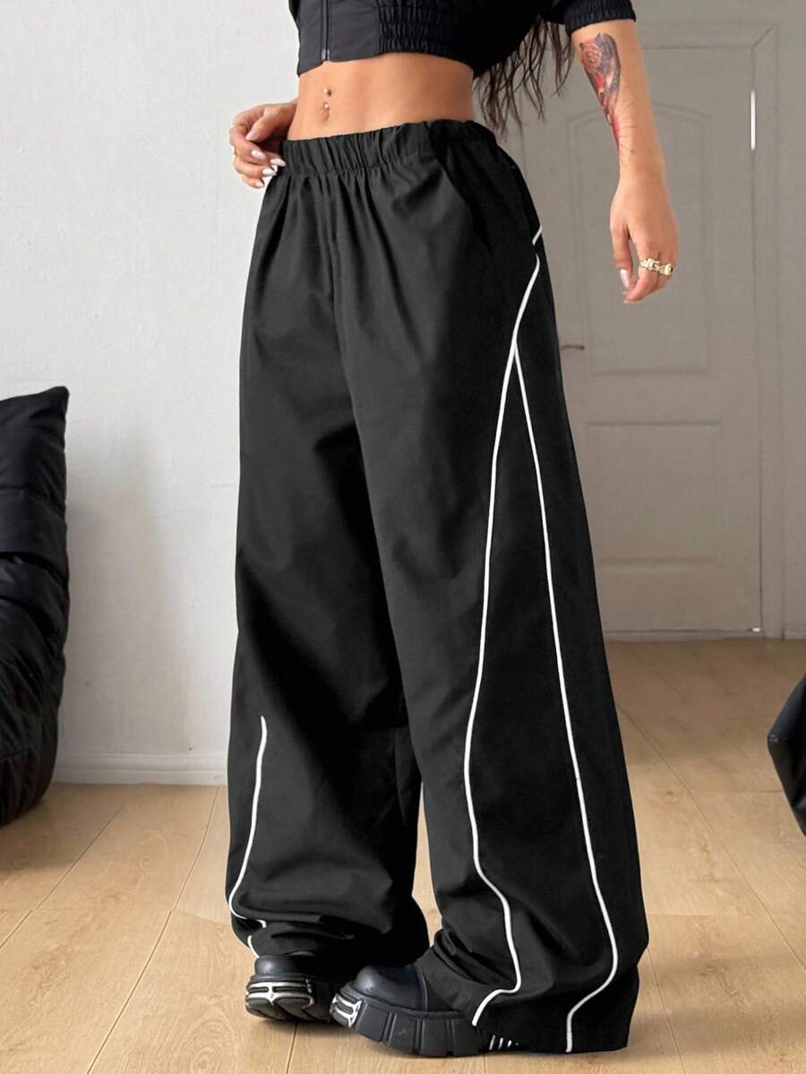 Coolane 女士秋冬街头服饰复古节日外出返校节基本日常穿着必备黑色阔腿裤 - 黑色 - 查看 1