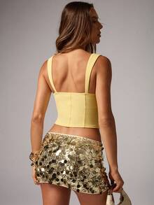 Avenya Women's Golden Yellow Square Neck Halter Bodycon Camisole Top & Gold Sequin Low Waist Mini Skirt Set,Summer 70s Night Out Party Clubwear Outfits - Yellow - View 6