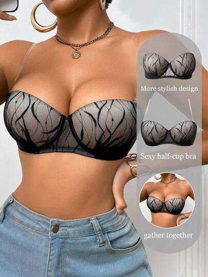 1pc Sexy Lace Patchwork Women's Bra, Low-Cut Half Cup Minimalist Gather Bust Bra