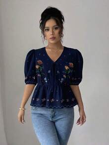 Rafferiza Áo cánh mùa hè in họa tiết hoa cổ chữ V lãng mạn thanh lịch dành cho nữ - Màu xanh hải quân - Xem 6