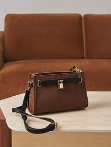 SHECARRY 女士斜挎包，绒面革，PU材质，五金挂锁装饰，时尚，优雅，简约，个性，百搭，经典，适合通勤，办公，约会，日常，购物，下午茶 - 棕色 - 查看 1
