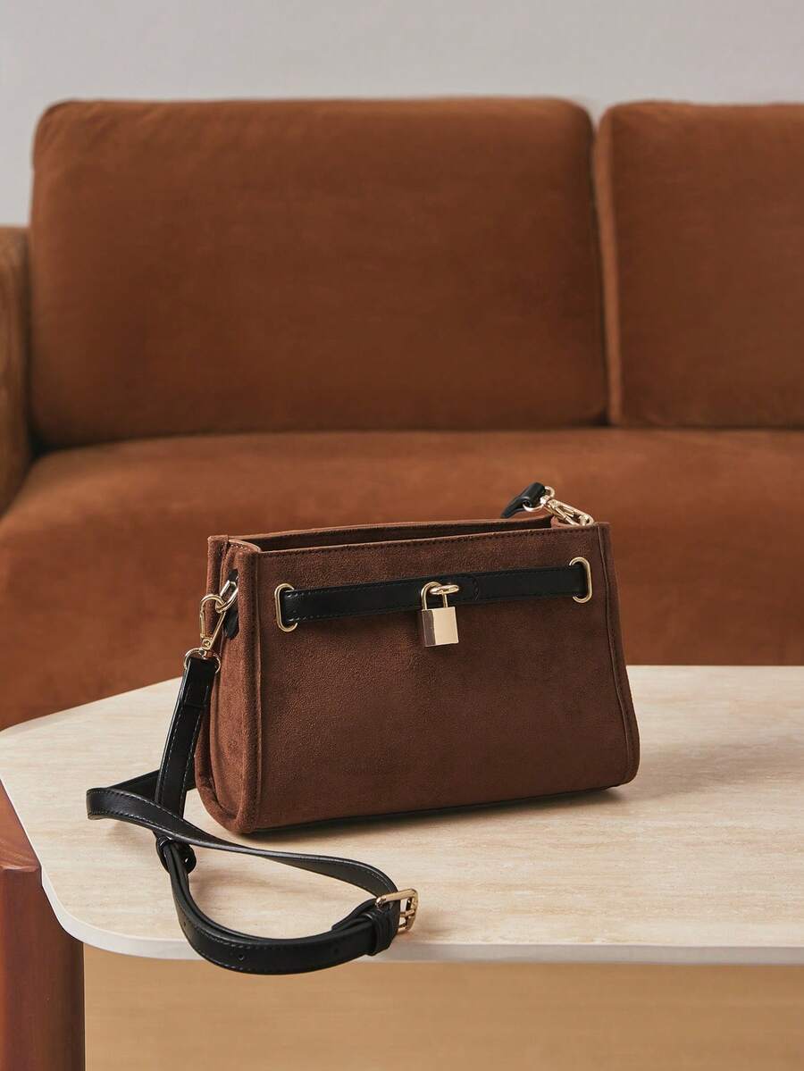SHECARRY 女士斜挎包，绒面革，PU材质，五金挂锁装饰，时尚，优雅，简约，个性，百搭，经典，适合通勤，办公，约会，日常，购物，下午茶 - 棕色 - 查看 1