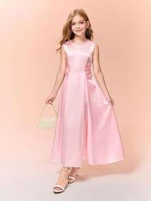 Girls' Elegant Fitted Long Dress With Bow Accent, Suitable For Formal Occasions, Parties, And Galas - Pink - View 4