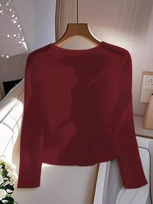 GlowEve 女士时尚商务休闲纯色长袖T恤 - 酒紅色 - 查看 2