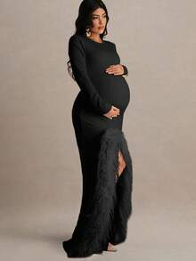 MaterniChic Pregnant Women's Elegant Patchwork Fuzzy Trim Long Sleeve Split Dress, Autumn - Black - View 5