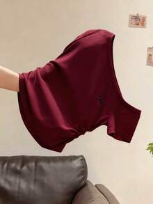 INAWLY 女式夏季新款性感不对称肩部蝴蝶结刺绣荷叶边修身露肩T恤