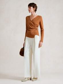 SHEIN Stylify 2025 Herbst Neuankömmling waschbare Merinowolle Überlappung V-Ausschnitt Strickpullover für Frauen, elegantes Design, modische Pendlerkleidung, Winterunterwäsche, geeignet für Familienfeiern, Weihnachten, Halloween, Valentinstag, Neujahr - Braun - Übersicht 7