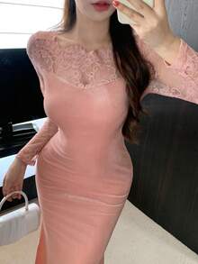 DAZY Váy dài vừa phải lót nhiệt đuôi cá phối ren chắp vá thời trang thu đông dành cho nữ - Hồng - Xem 7