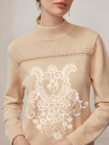 MOTF PREMIUM FLORAL EMBROIDERY MOCK NECK SWEATER KNIT PULLOVER FALL WINTER OUTFIT - Black - View 2