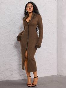 Lureya Women's Elegant Faux Fur Collar Coffee Brown Bodycon Maxi Slit Dress, Fuzzy Cuff Long Sleeve Stretchy Fabric,Autumn Date Night Holiday Clothes - Brown - View 2