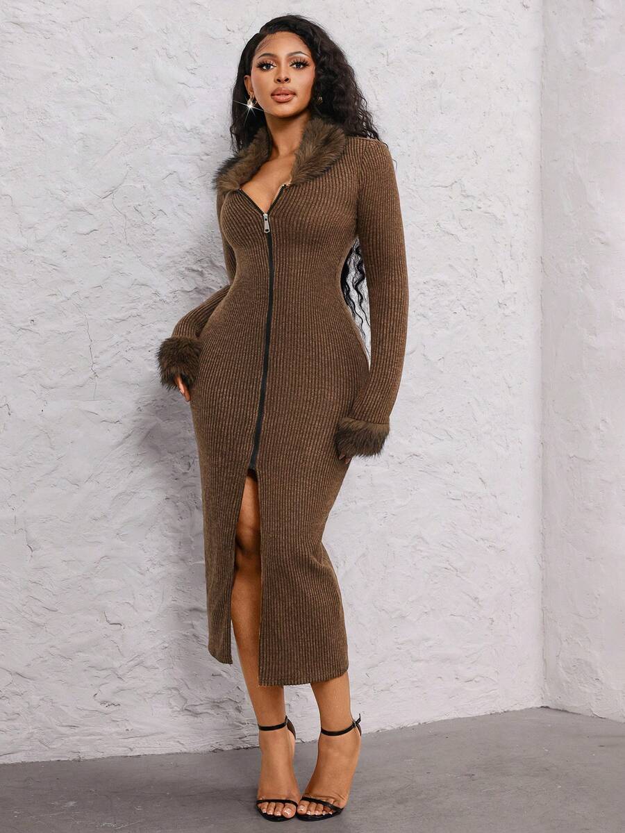 Lureya Women's Elegant Faux Fur Collar Coffee Brown Bodycon Maxi Slit Dress, Fuzzy Cuff Long Sleeve Stretchy Fabric,Autumn Date Night Holiday Clothes