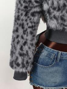 Amplova 秋冬女士时尚不对称领仿皮草豹纹夹克 - 灰色 - 查看 8