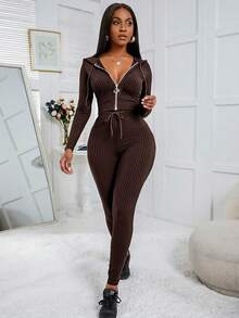 Zolique Women's Solid Color Long Sleeve Zip-Up Hooded Top And Drawstring Pants Casual 2 Pieces Set, Autumn - Brown - View 3