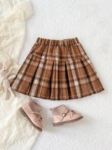 Playful Pals 1件装年轻女孩复古格子裙棕色休闲JK风格松紧腰百褶短裙适合春秋冬日常穿着 - 棕色 - 查看 6
