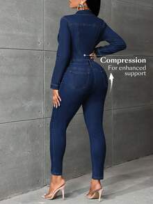 SHEIN PETITE 女式短袖纽扣半开襟喇叭休闲牛仔连体裤 - 藍色 - 查看 2