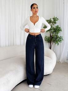 SHEIN Tall 休闲时尚百搭日常保暖内衬女式牛仔裤，高个女款，秋冬季保暖内衬蓝色牛仔裤 - 深色水洗藍 - 查看 6