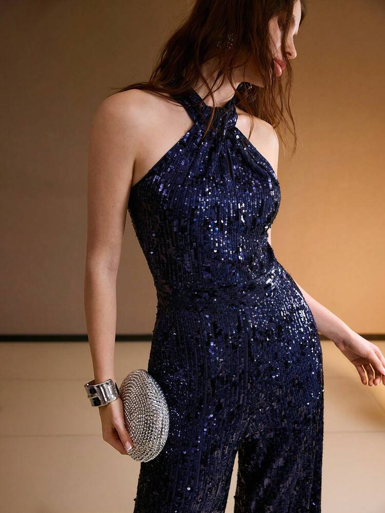 SEQUIN WAIST CINCHING SLIM FLARE JUMPSUIT, AUTUMN/WINTER