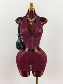 Amplova 女士勃艮第鳄鱼印花性感 V 领上衣和迷你裙套装，派对装 - 酒紅色 - 查看 3