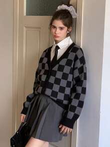 Dazy Kids 少女格纹落肩长袖休闲宽松针织开衫，秋冬 - 灰色 - 查看 7